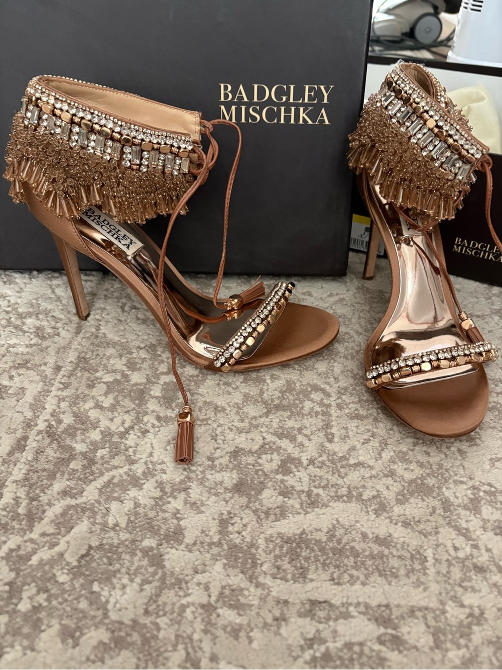 Badgley Mischka Katrina Rose Gold Embellished Fringe Heels HIGHLY SOUGHT AFTER